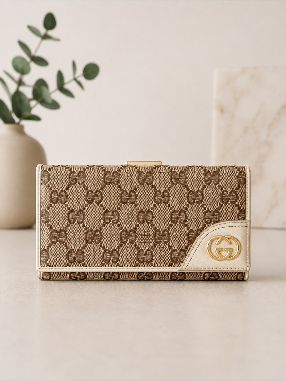 Gucci Britt Continental GG Monogram Wallet Brown & Cream